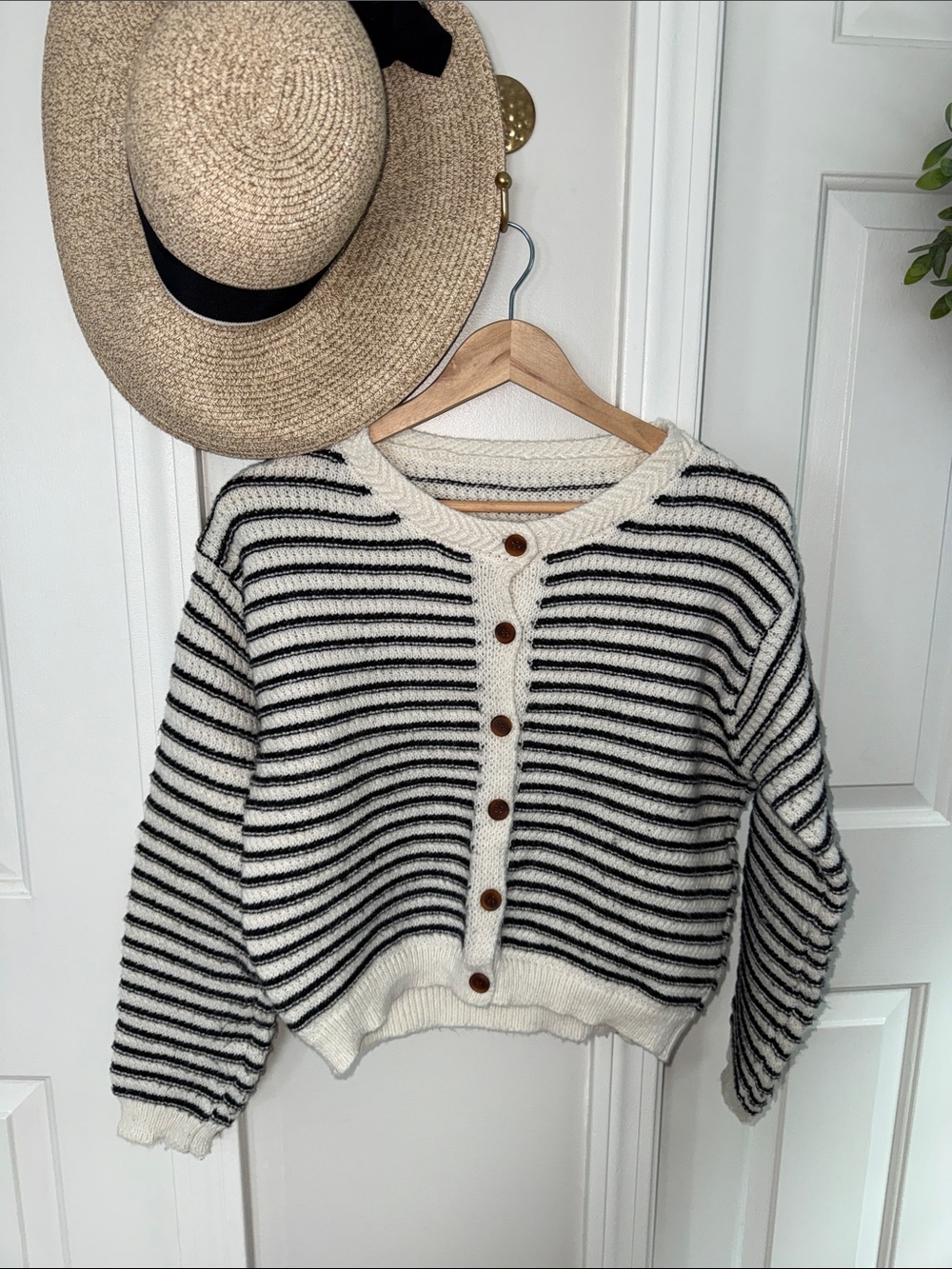 Striped Black & Cream Button-Front Women's Sweater